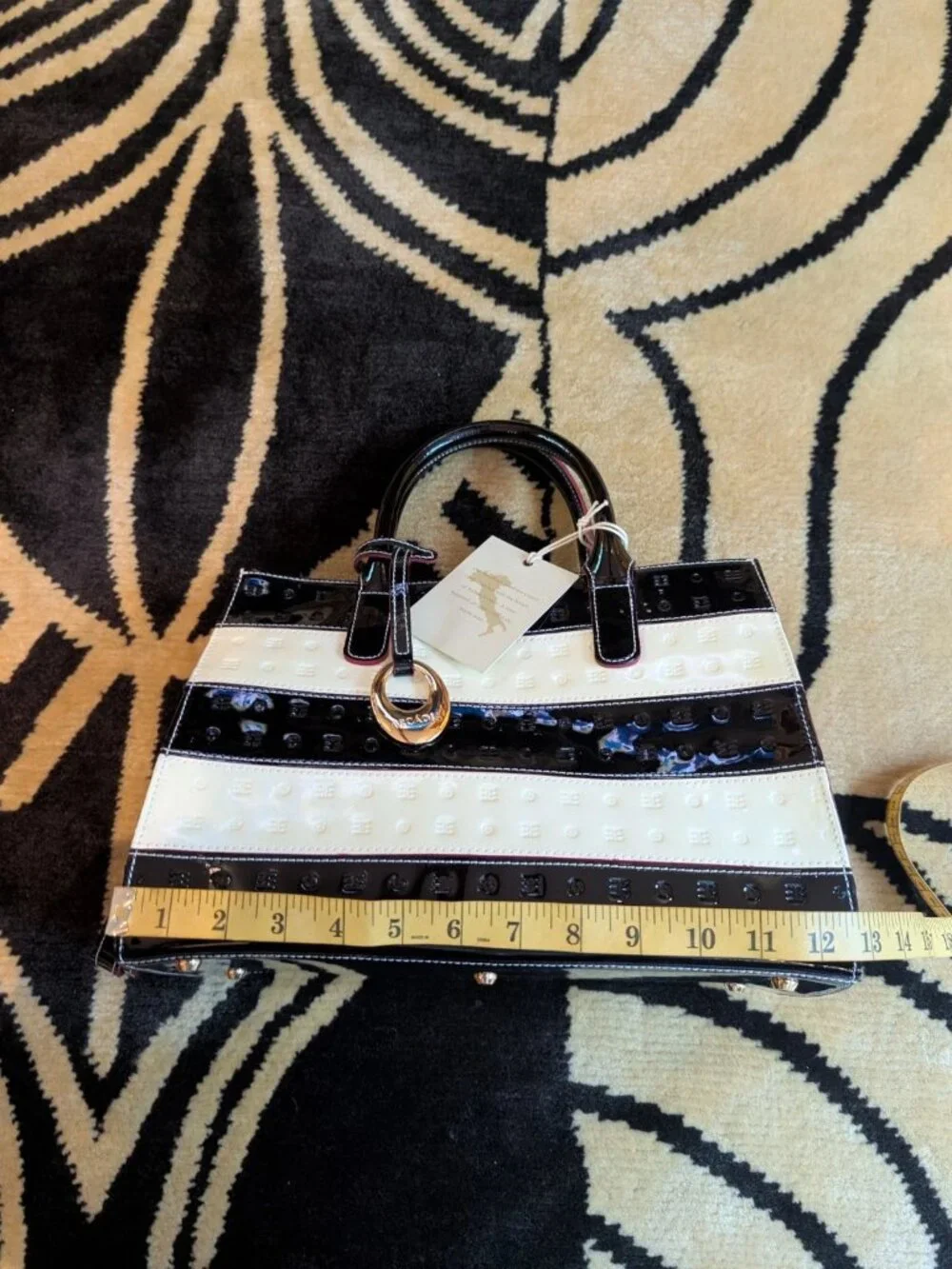 Arcadia Black White Colorblock Stripe Patent Leather Medium Satchel Nwt